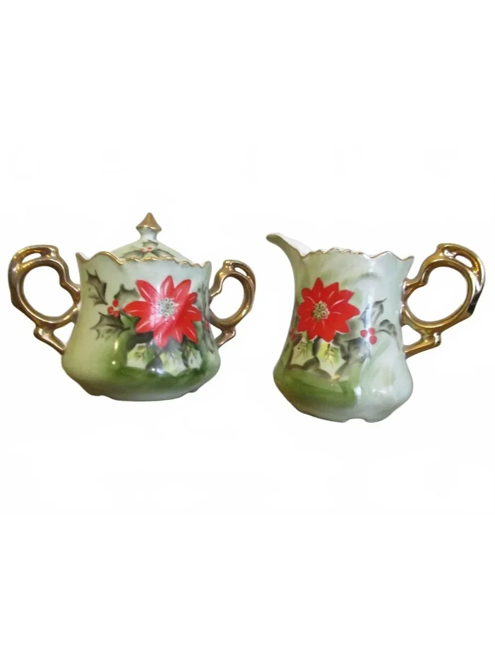 Lefton China Vintage Poinsettia Creamer and Sugar Set 4384 Christmas Holly